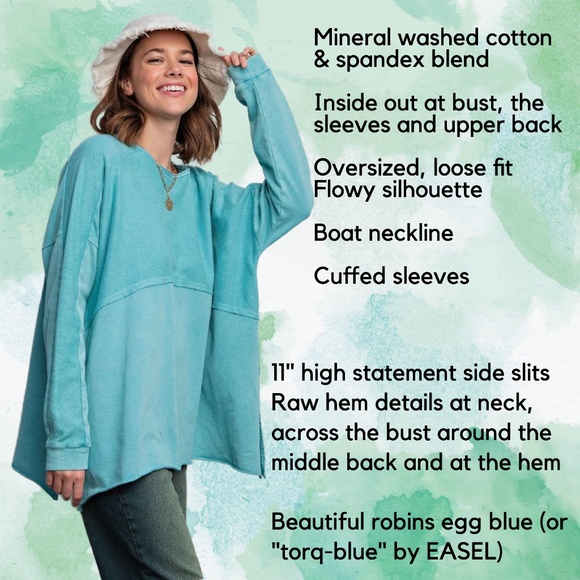 EASEL "The Good Life" Lightweight Terry Knit Tunic, High Side Slits, Raw Details - Picture 3 of 14